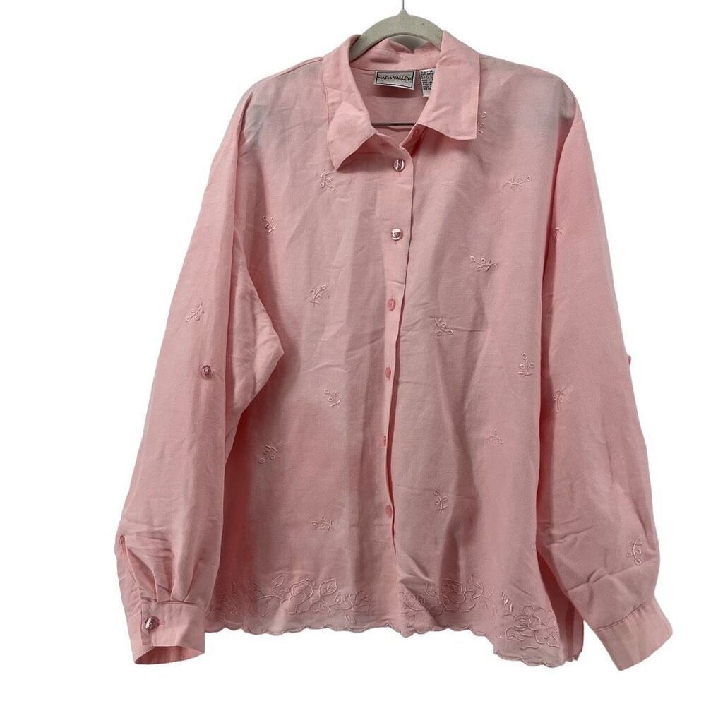 Napa Valley Embroidered Button-Up Top Long Sleeve Pink Blouse‎ Eyelet Plus Size